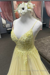Light Yellow Deep V Appliques Long Semi Formal Prom Dress with Slit